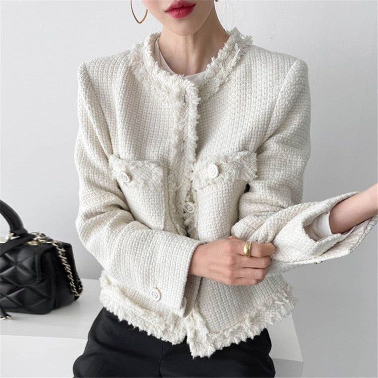 crew neck fringed tweed jacket black and white short cardigan