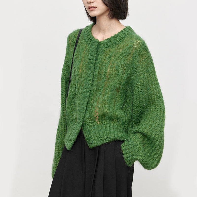 Mohair Wool Cable-knit Crew Neck Cardigan Sweater