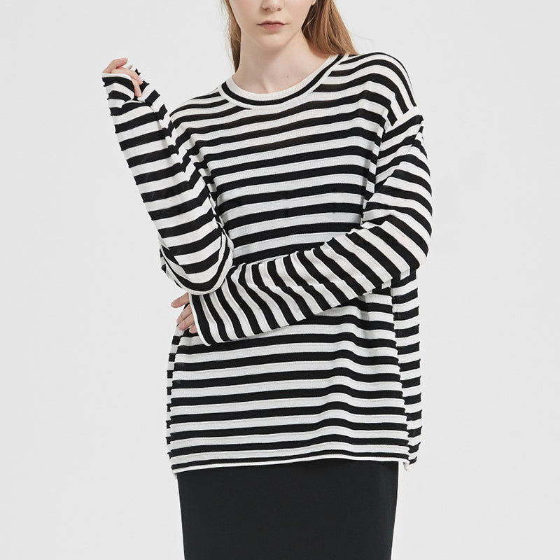 PATON Striped Tencel Round Neck Loose Drop Shoulder Top