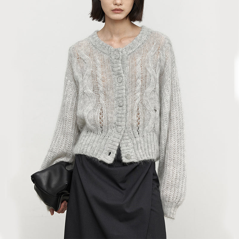 Mohair Wool Cable-knit Crew Neck Cardigan Sweater