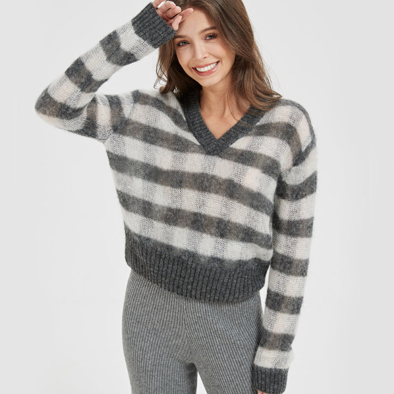 Mohair V-neck Striped Long-sleeved Pullover