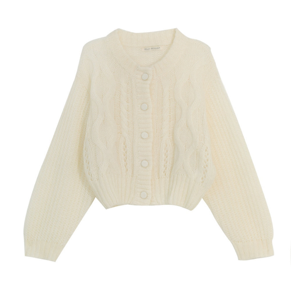 Mohair Wool Cable-knit Crew Neck Cardigan Sweater