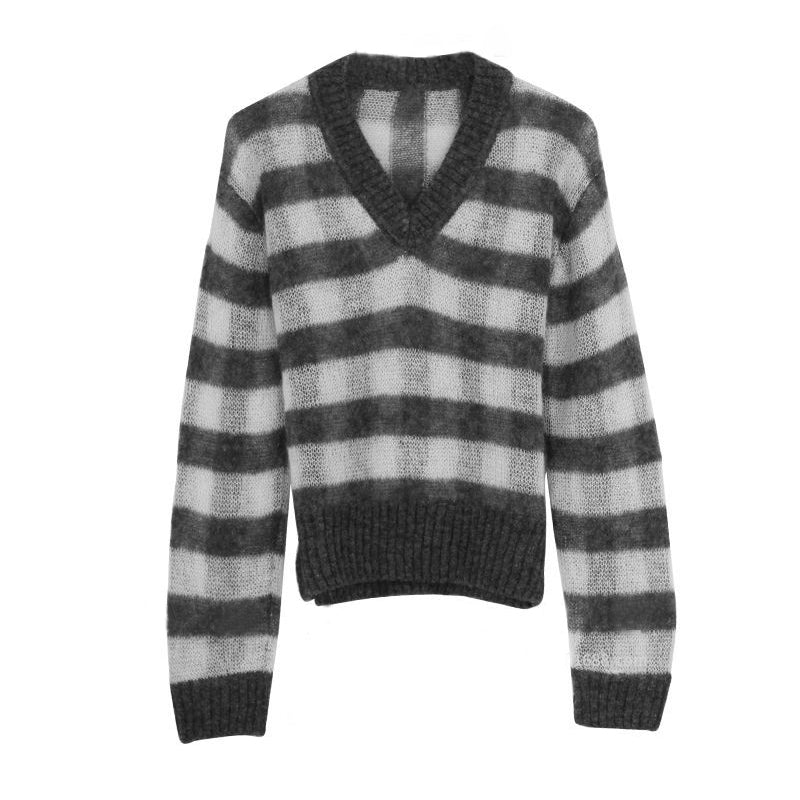 Mohair V-neck Striped Long-sleeved Pullover