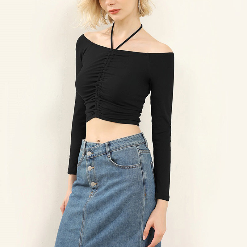 Women's  Long Sleeve Off Shoulder Halter Crop T Shirts Top