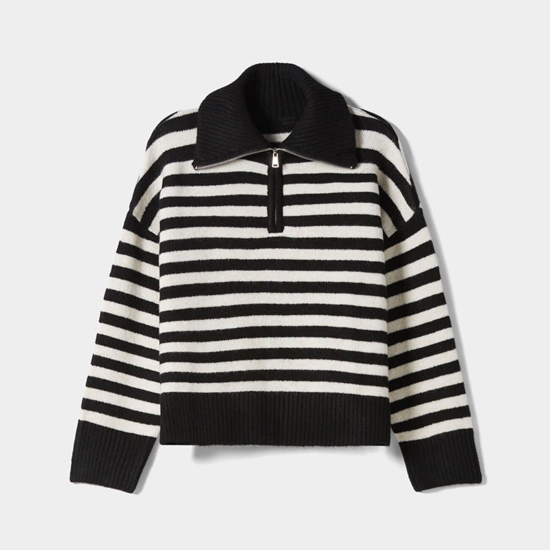 Half Zip Striped Knit Sweater Lapel Top