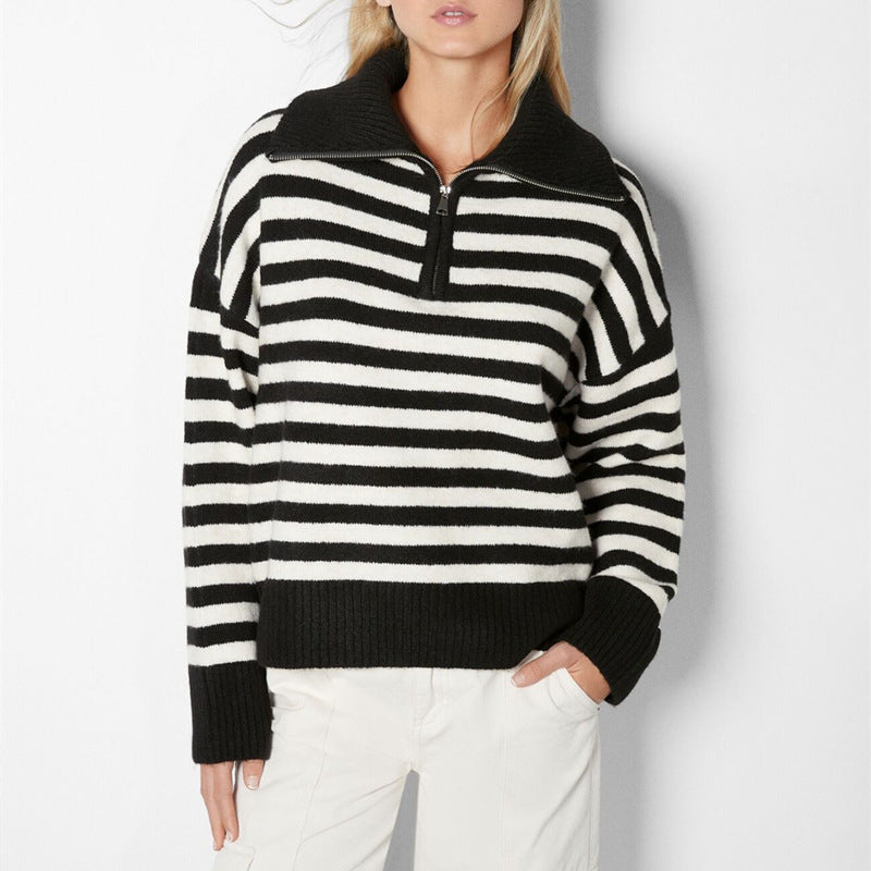 Half Zip Striped Knit Sweater Lapel Top