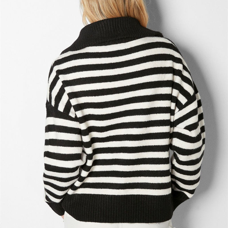 Half Zip Striped Knit Sweater Lapel Top