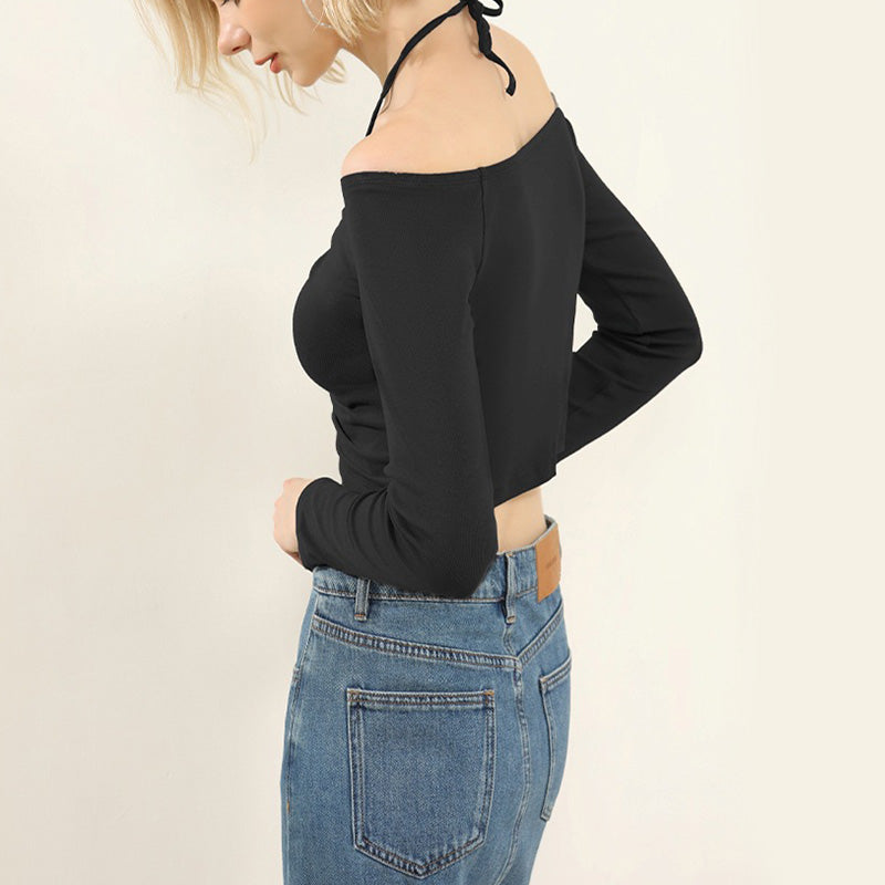 Women's  Long Sleeve Off Shoulder Halter Crop T Shirts Top