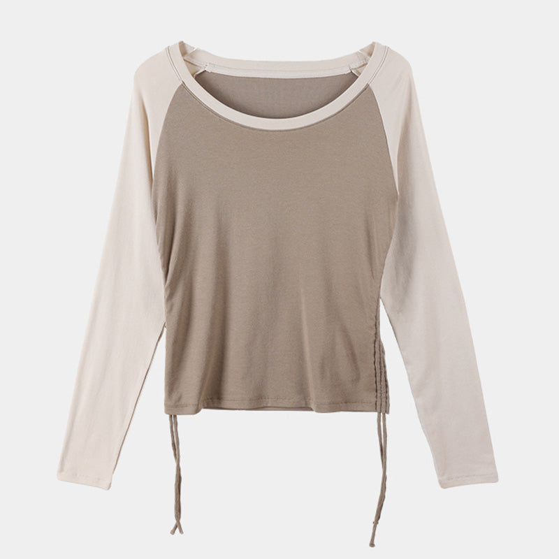 Drawstring Colorblocked O Neck Top Slim Long Sleeve T-Shirt