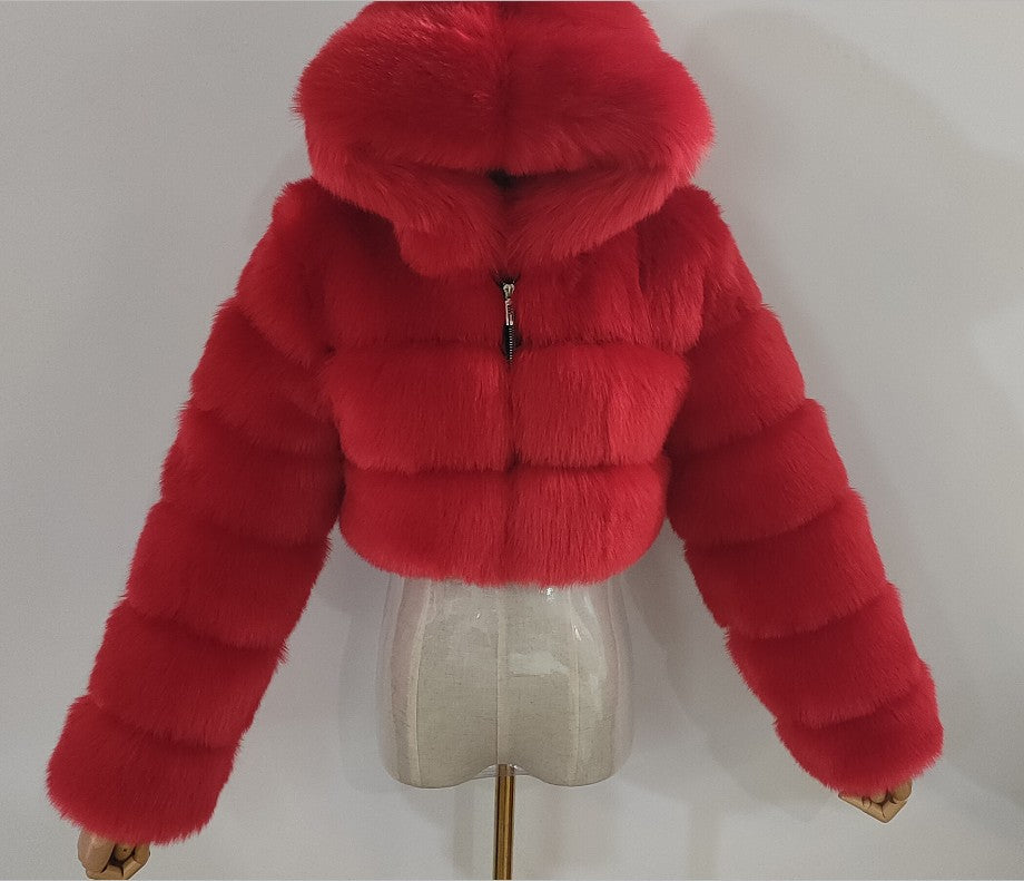 Women Winter Jacket Hooded Faux Fox Fur Coat Slim Long Sleeve Coat Faux Fur jacket