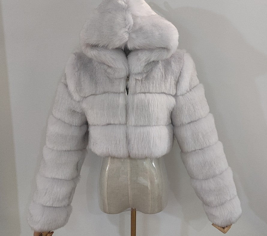 Women Winter Jacket Hooded Faux Fox Fur Coat Slim Long Sleeve Coat Faux Fur jacket