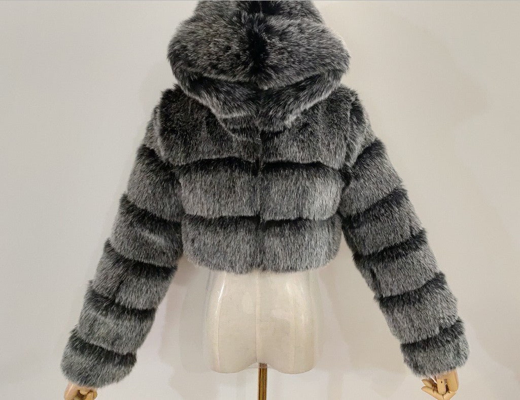 Women Winter Jacket Hooded Faux Fox Fur Coat Slim Long Sleeve Coat Faux Fur jacket