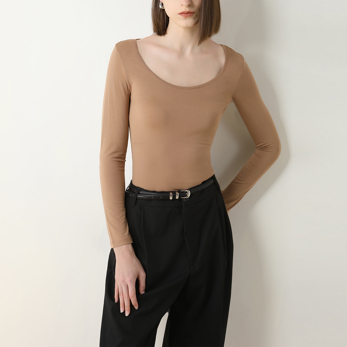 Modal Large Round Neck Slim Long Sleeve Bottom Shirt Tops