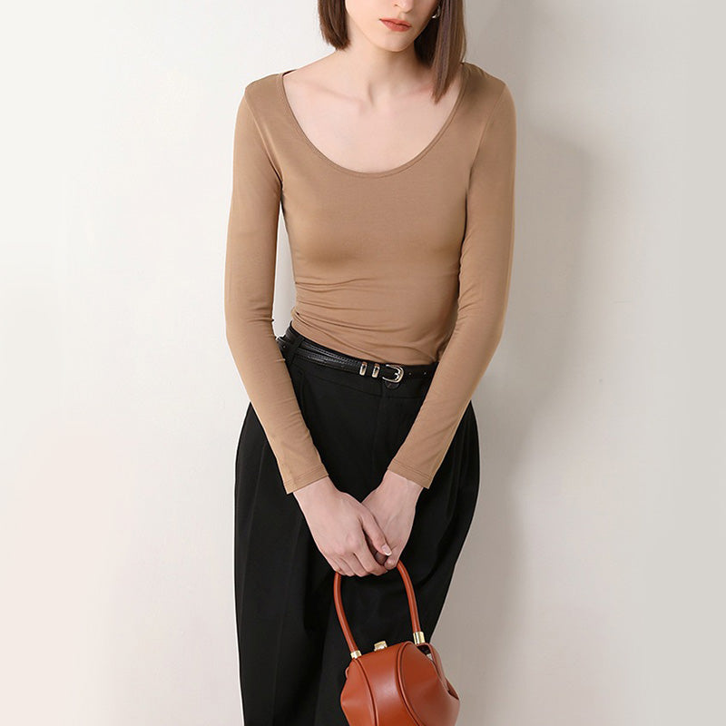 Modal Large Round Neck Slim Long Sleeve Bottom Shirt Tops