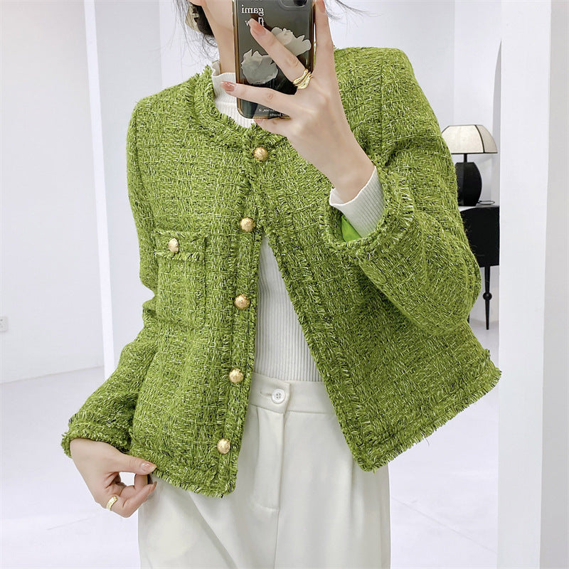 Women's Long Sleeve Cropped Tweed Jacket with Pocket Green