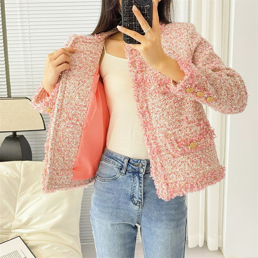 Wool Tweed Jacket Women's Pink Short Jacket