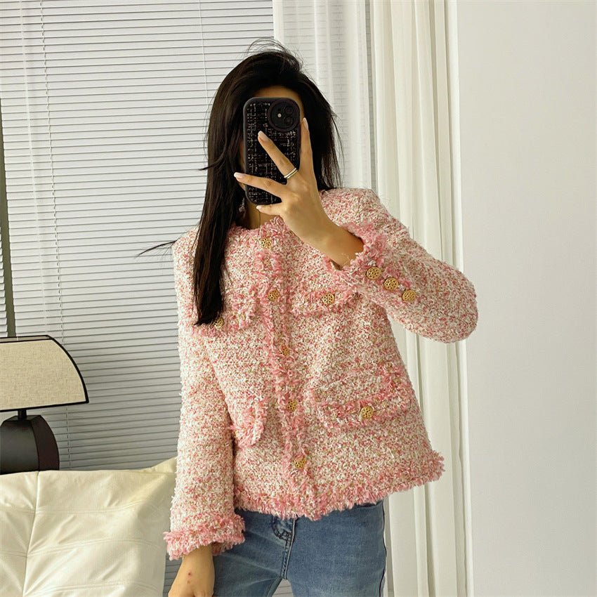 Wool Tweed Jacket Women's Pink Short Jacket