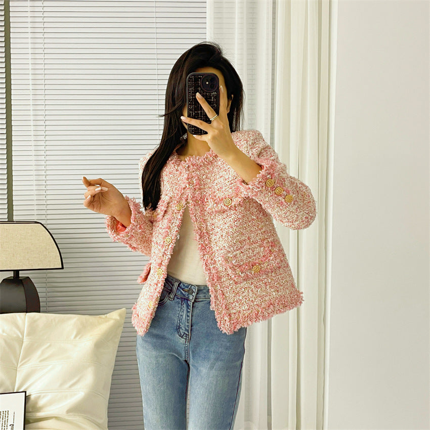 Wool Tweed Jacket Women's Pink Short Jacket