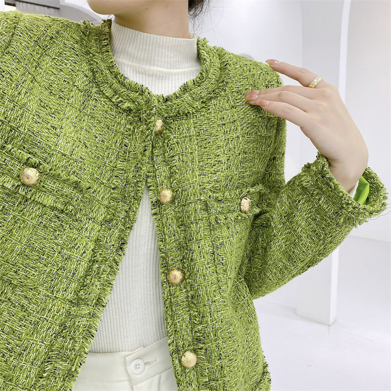 Women's Long Sleeve Cropped Tweed Jacket with Pocket Green