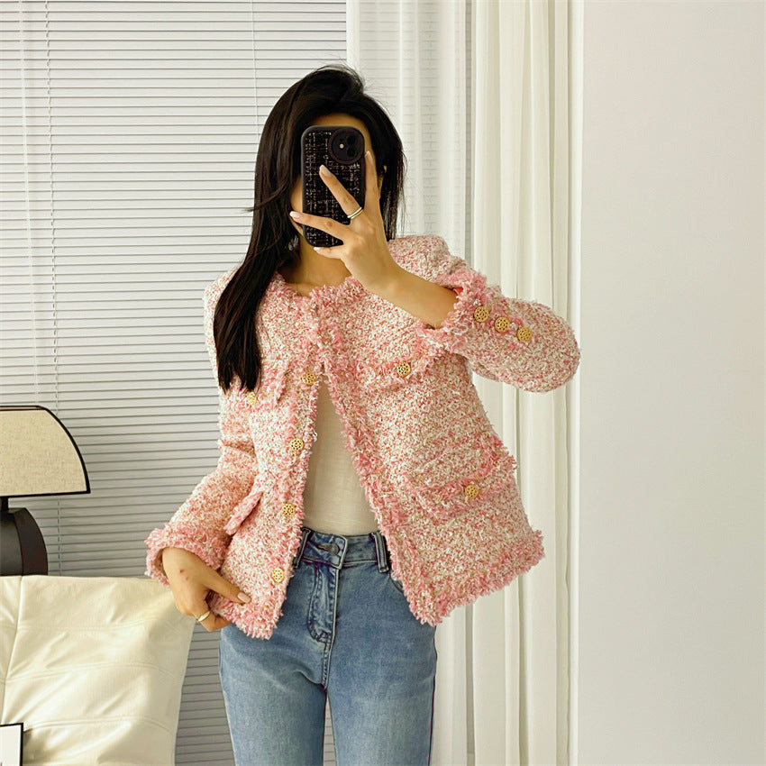 Wool Tweed Jacket Women's Pink Short Jacket