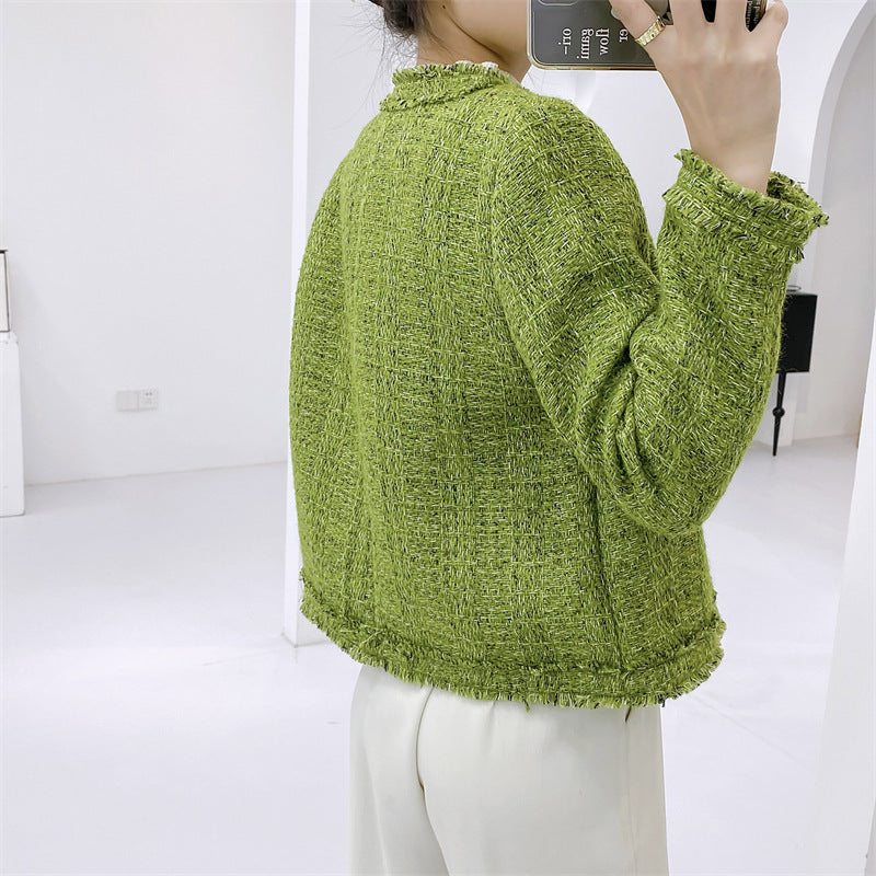 Women's Long Sleeve Cropped Tweed Jacket with Pocket Green