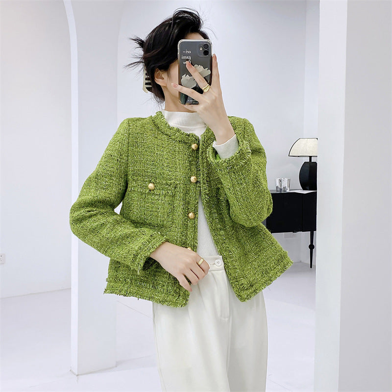 Women's Long Sleeve Cropped Tweed Jacket with Pocket Green